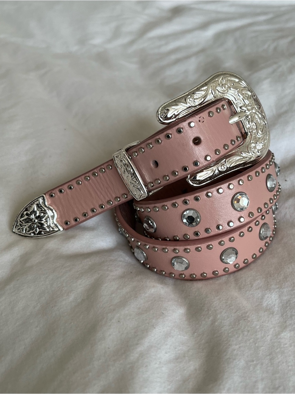Nocona Pink Rhinestone Western Belt with Silver Buckle